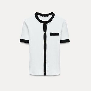 ZARA Small White & Black Ribbed Short Sleeve Cardigan - Contrast Ribbing